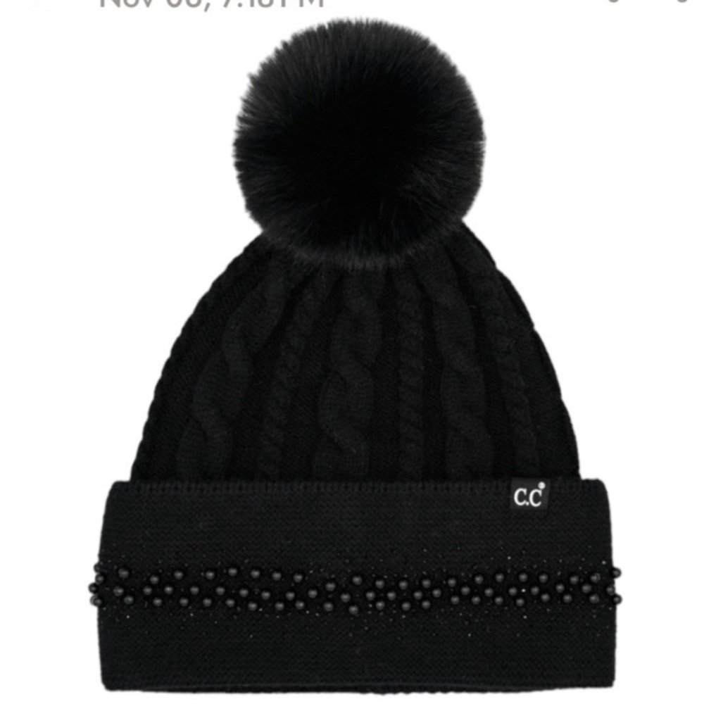 Black Knit Beanie with Pom Pom